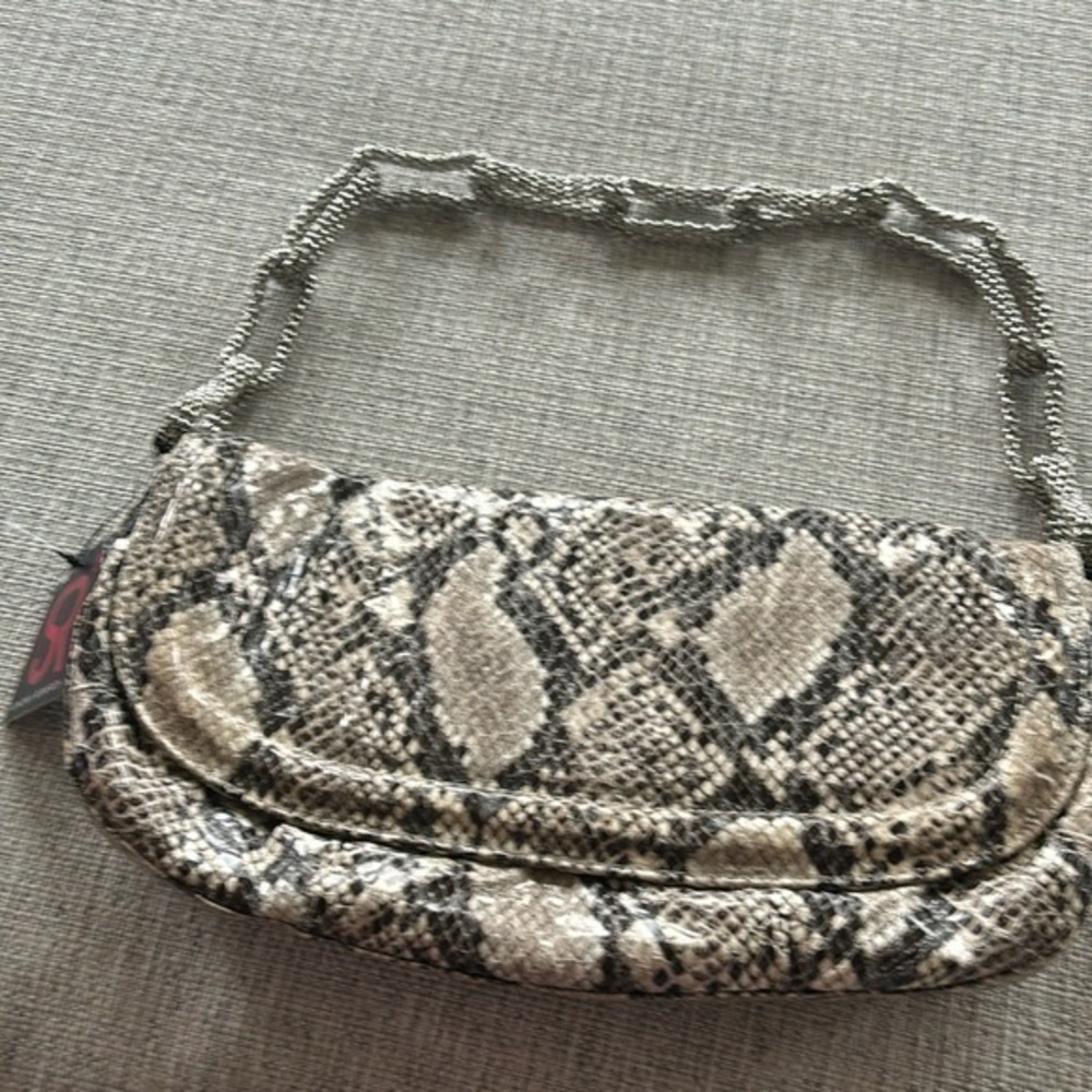 Sondra Roberts Snakeskin-Print Chain Strap Mini Bag in Beige and Black
